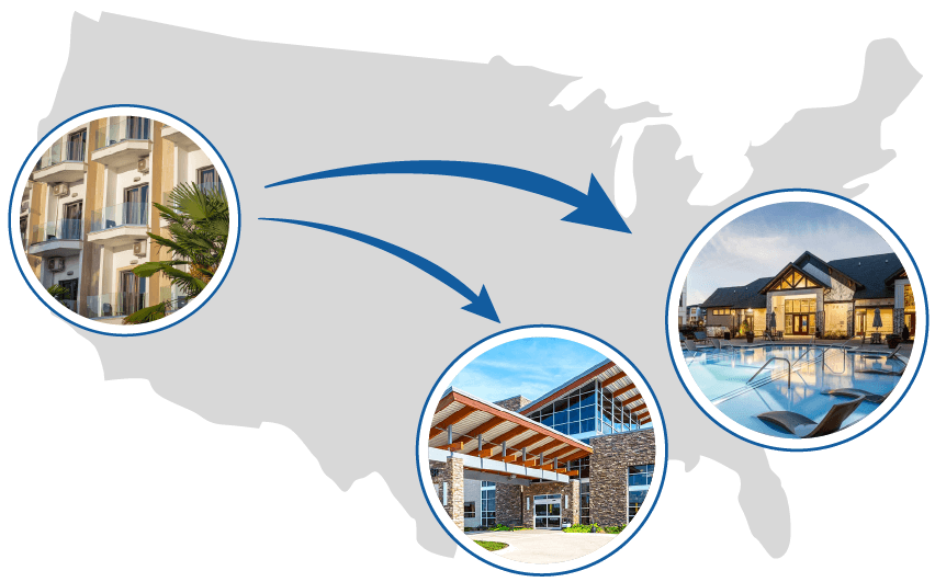 silhouette of the United States with properties in various areas, representing exchanging a west coast property for DSTs in other areas